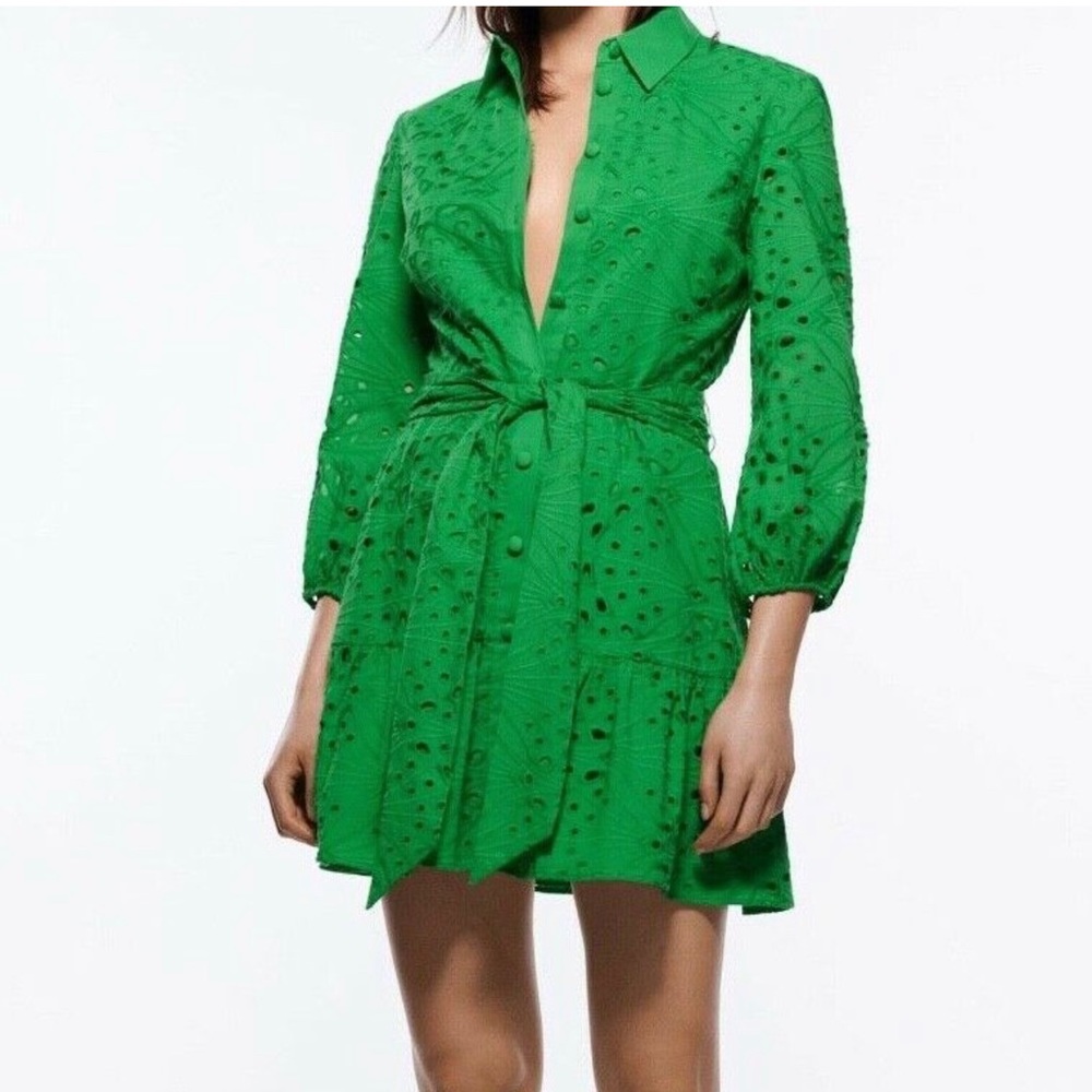 Zara Bright Green Eyelet Mini Shirt Dress